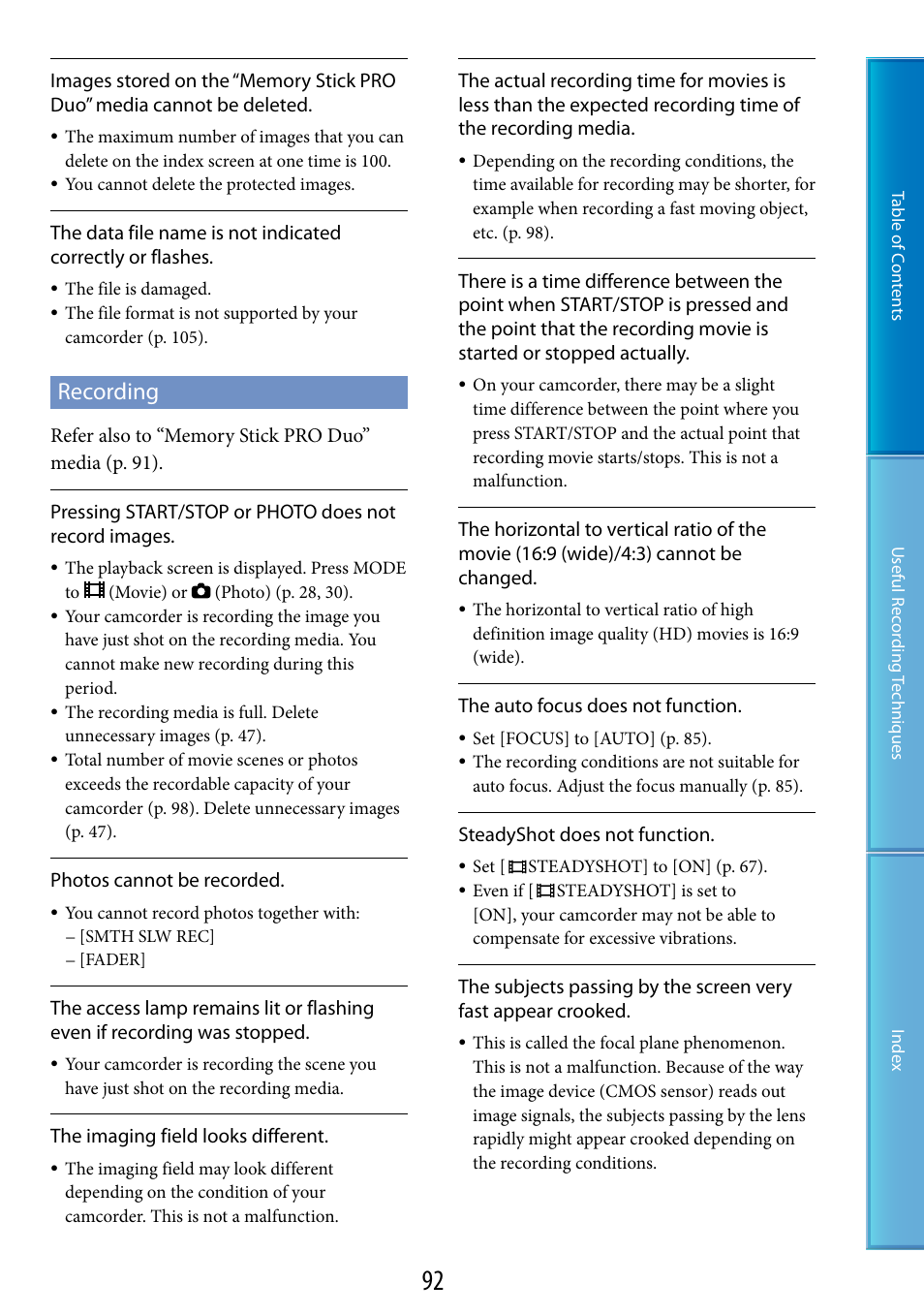 Recording | Sony HDR-CX100 User Manual | Page 92 / 113