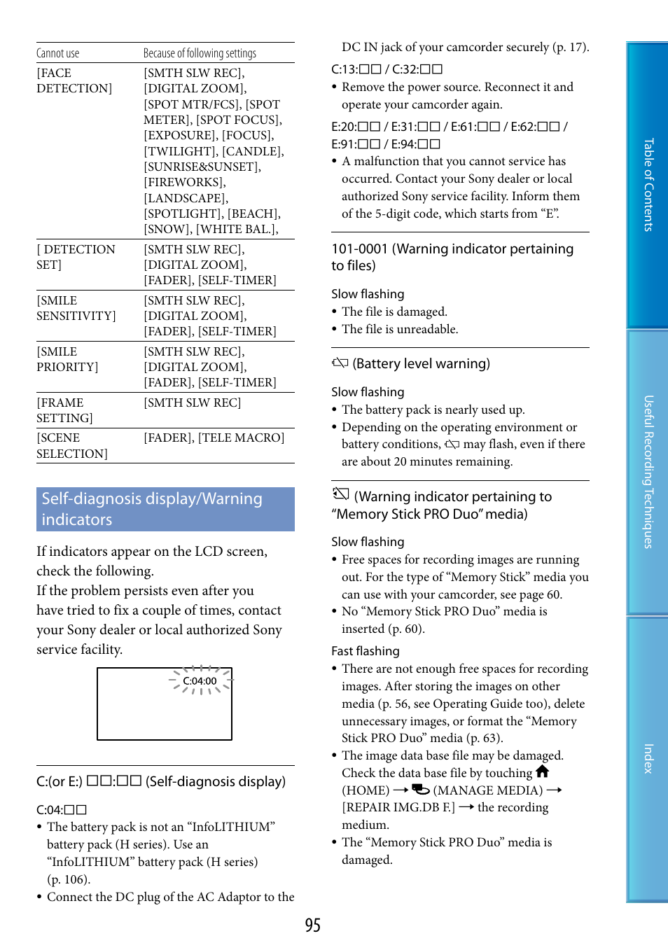 Self-diagnosis display/warning indicators, G (95) | Sony HDR-CX100 User Manual | Page 95 / 113