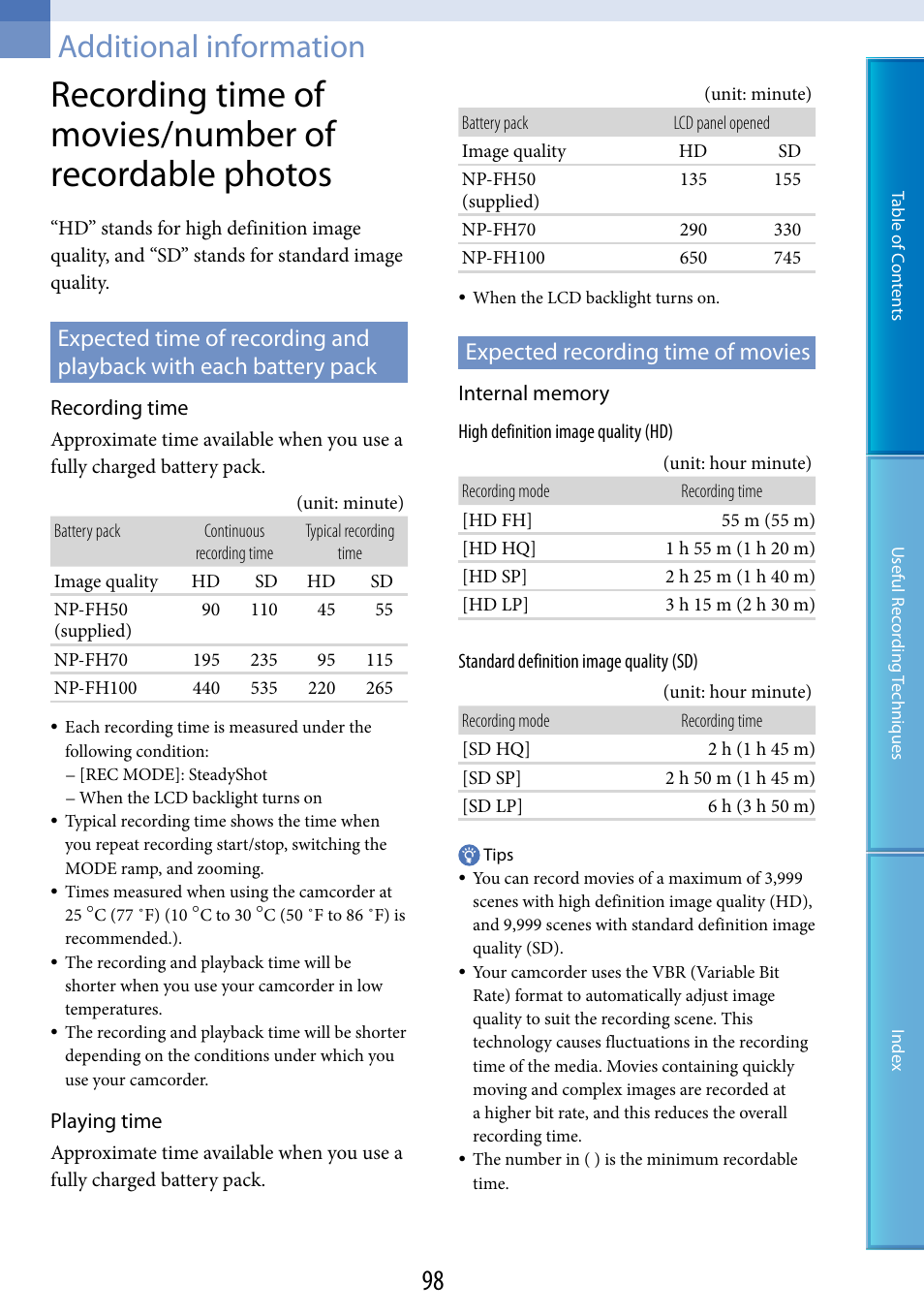 Additional information, Expected recording time of movies, E 98 o | 98). d | Sony HDR-CX100 User Manual | Page 98 / 113