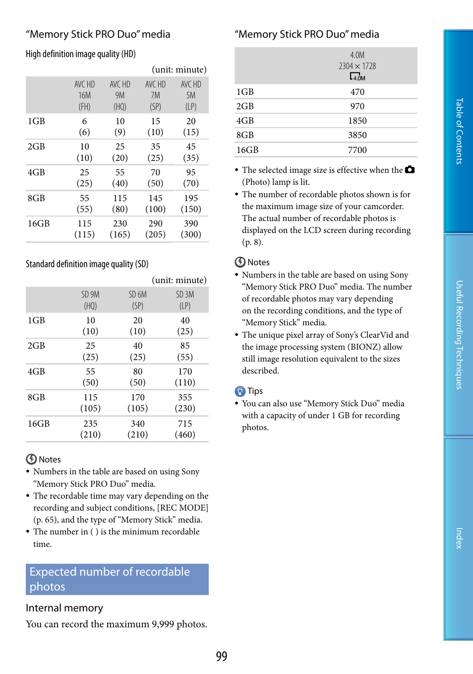 Expected number of recordable photos | Sony HDR-CX100 User Manual | Page 99 / 113