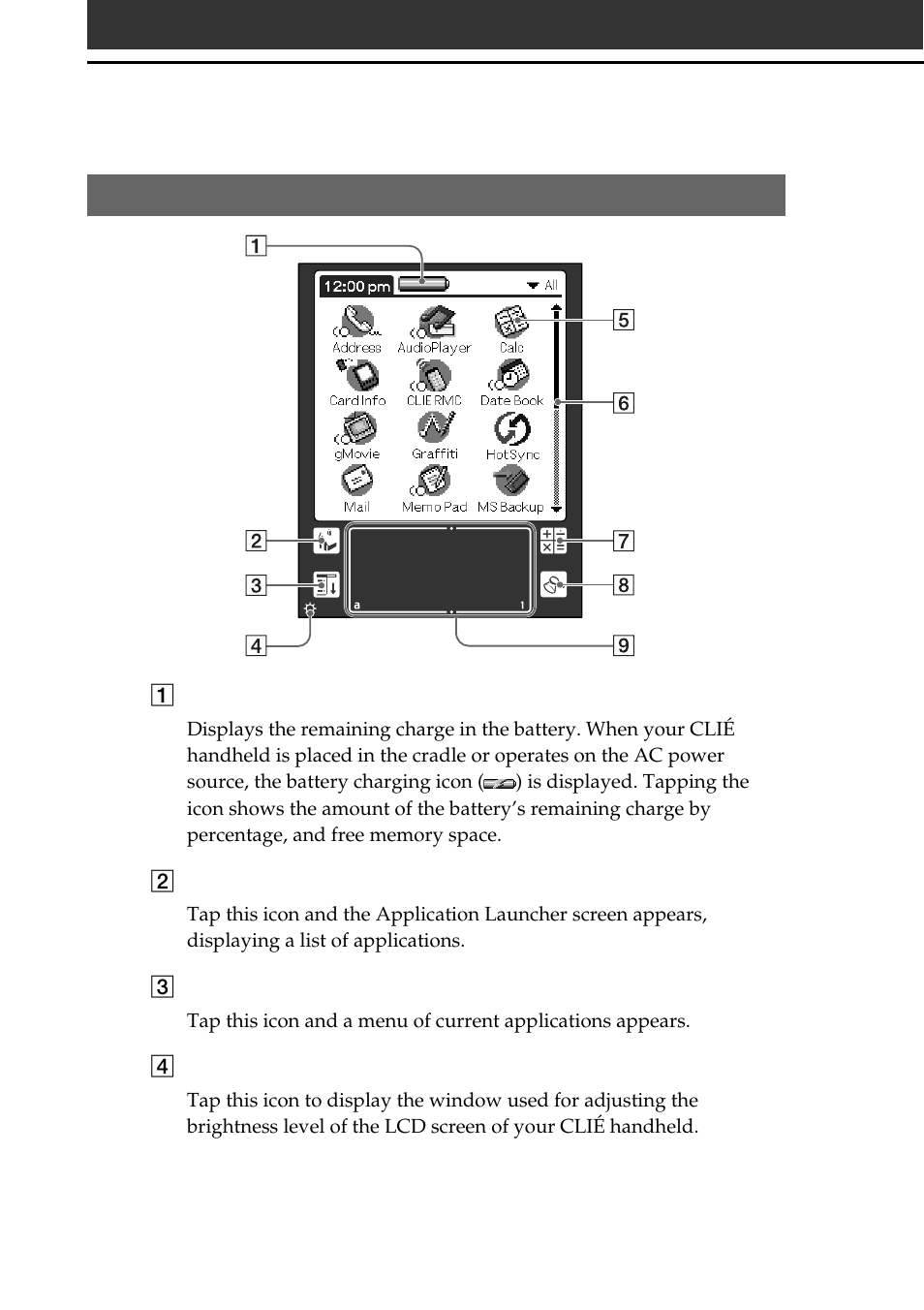 Elements of the clié interface | Sony PEG-T665C User Manual | Page 20 / 68