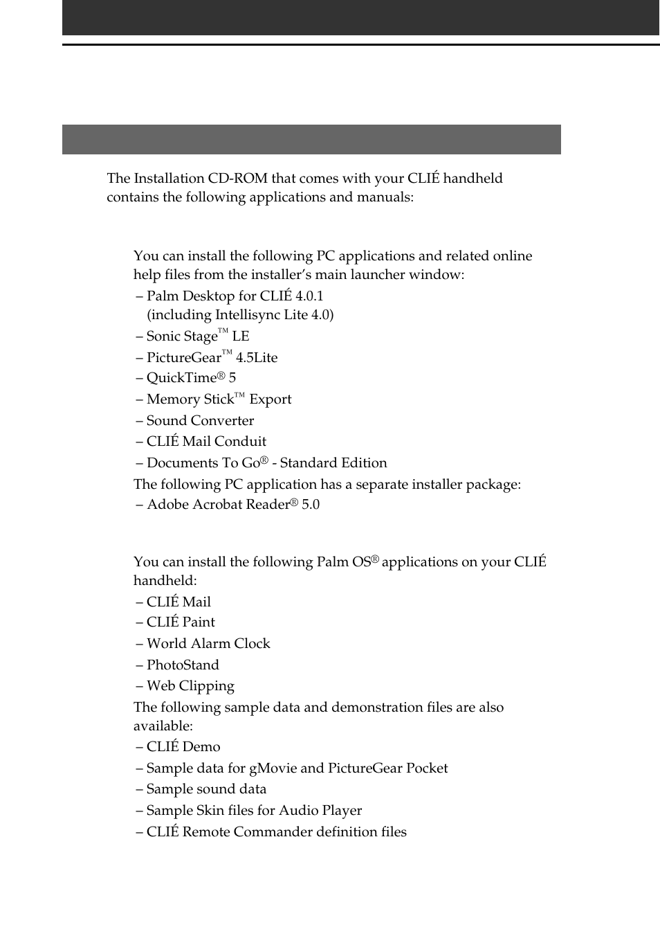 What is on the clié installation cd-rom, Cd-rom contents | Sony PEG-T665C User Manual | Page 22 / 68