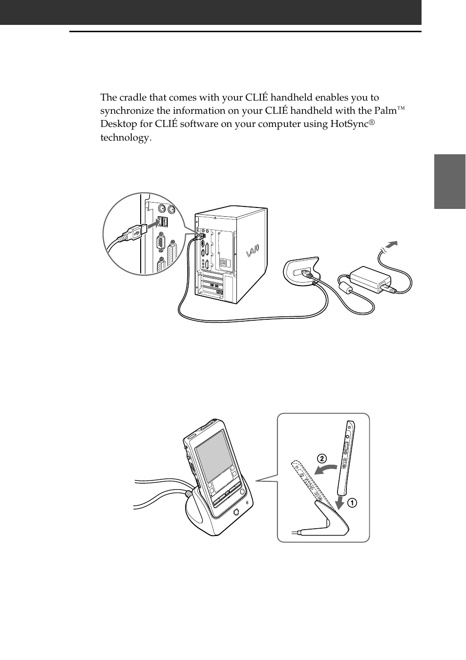 Step 5: connecting your sony clié, Handheld and your computer via the cradle | Sony PEG-T665C User Manual | Page 37 / 68