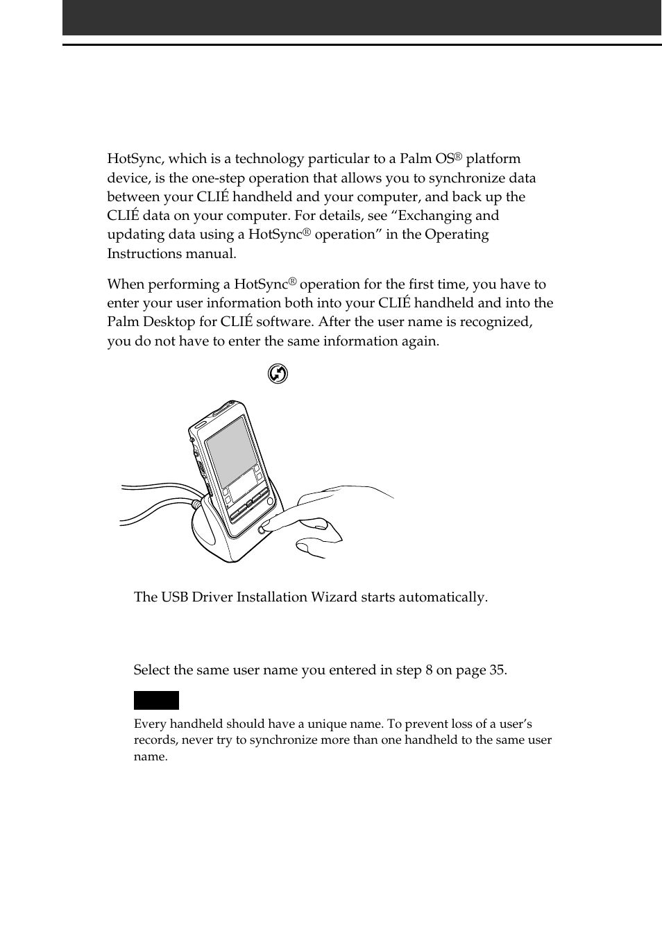 Step 6: performing a hotsync, Operation for the first time | Sony PEG-T665C User Manual | Page 38 / 68