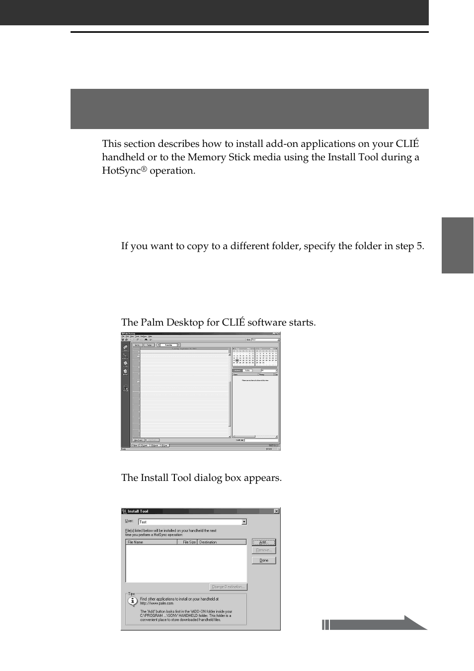 Installing add-on applications from the palm, Desktop for, Clié software | Desktop for clié software | Sony PEG-T665C User Manual | Page 57 / 68