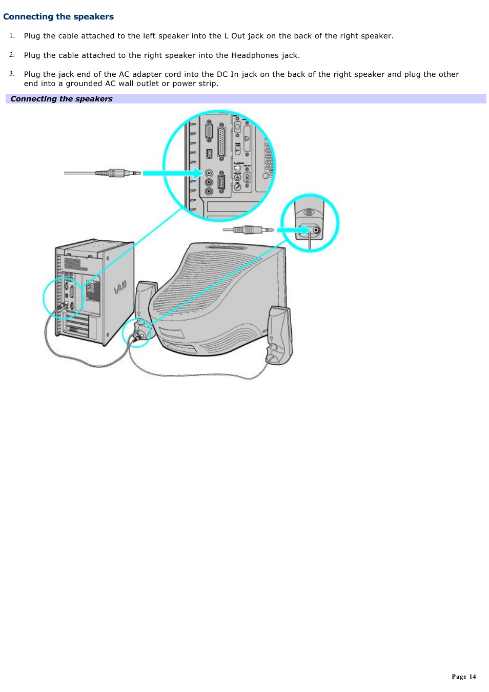 Connecting the speakers | Sony PCV-RX740 User Manual | Page 14 / 79