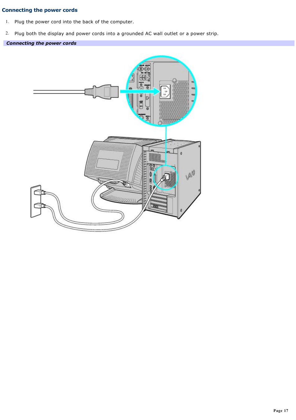 Connecting the power cords | Sony PCV-RX740 User Manual | Page 17 / 79