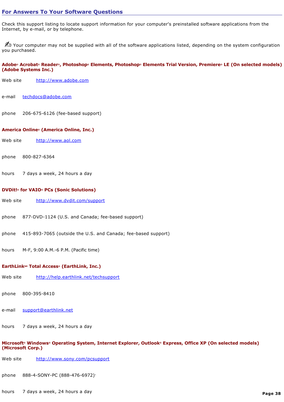 For answers to your software questions | Sony PCV-RX740 User Manual | Page 38 / 79