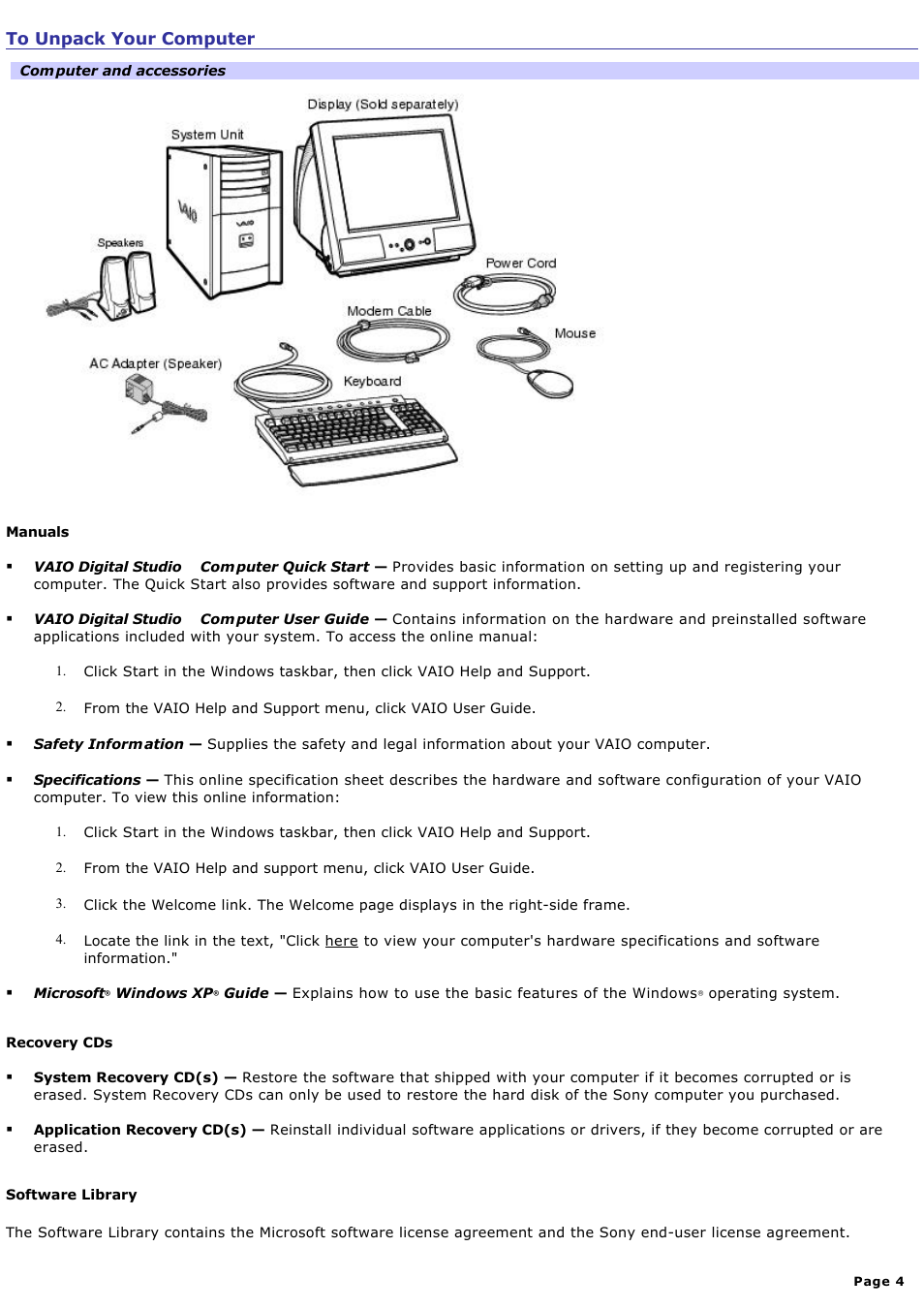 To unpack your computer | Sony PCV-RX740 User Manual | Page 4 / 79