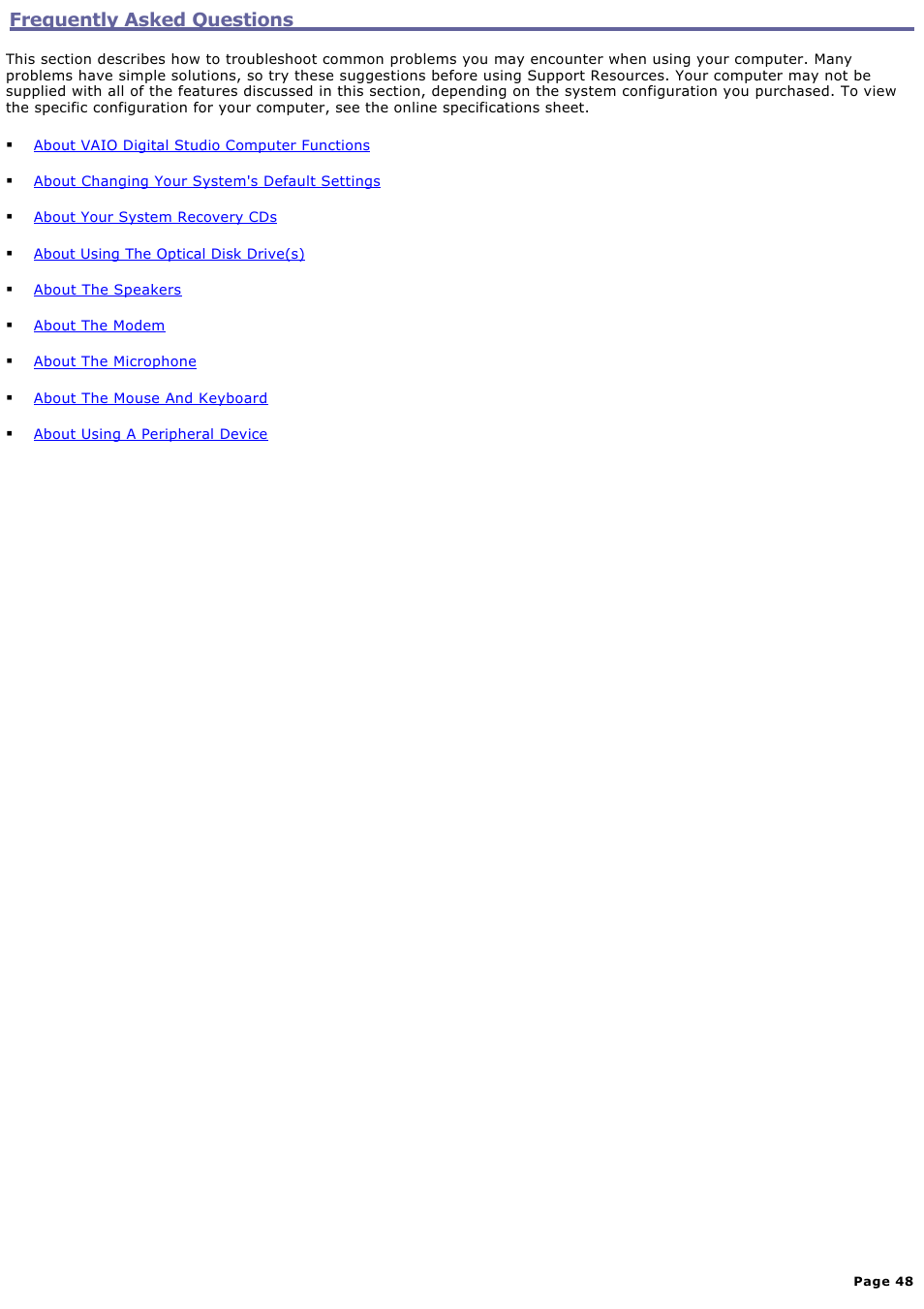 Frequently asked questions | Sony PCV-RX740 User Manual | Page 48 / 79