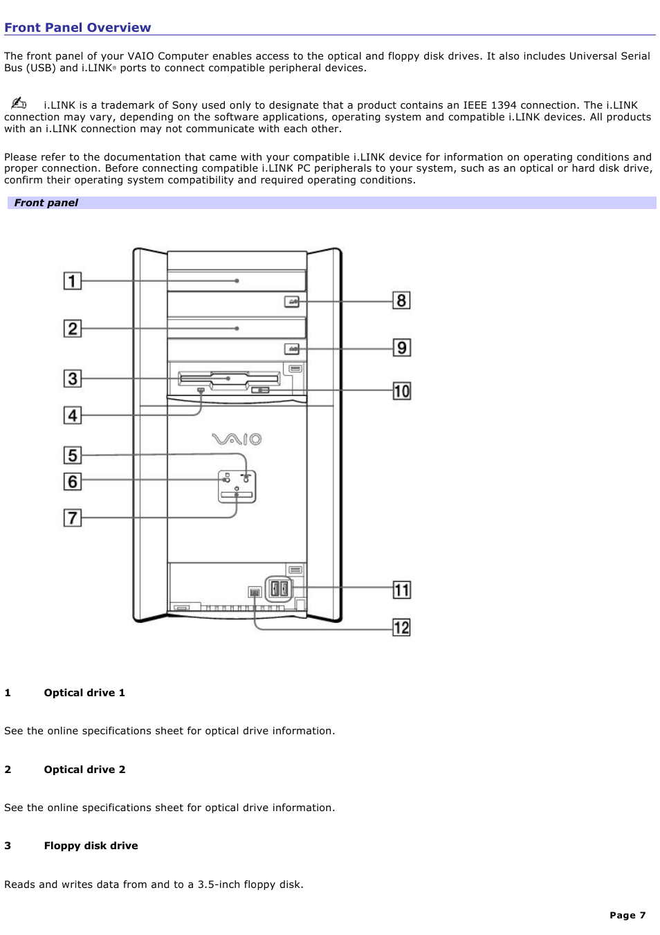 Front panel overview | Sony PCV-RX740 User Manual | Page 7 / 79