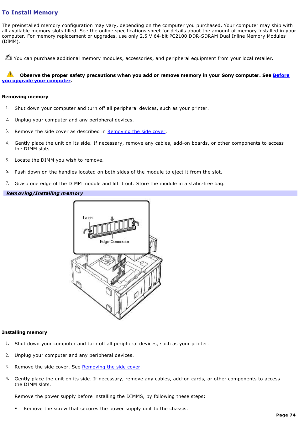 To install memory | Sony PCV-RX740 User Manual | Page 74 / 79