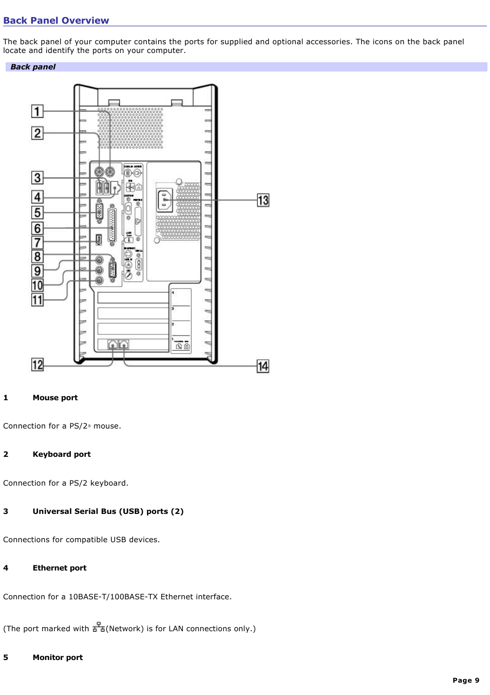 Back panel overview | Sony PCV-RX740 User Manual | Page 9 / 79