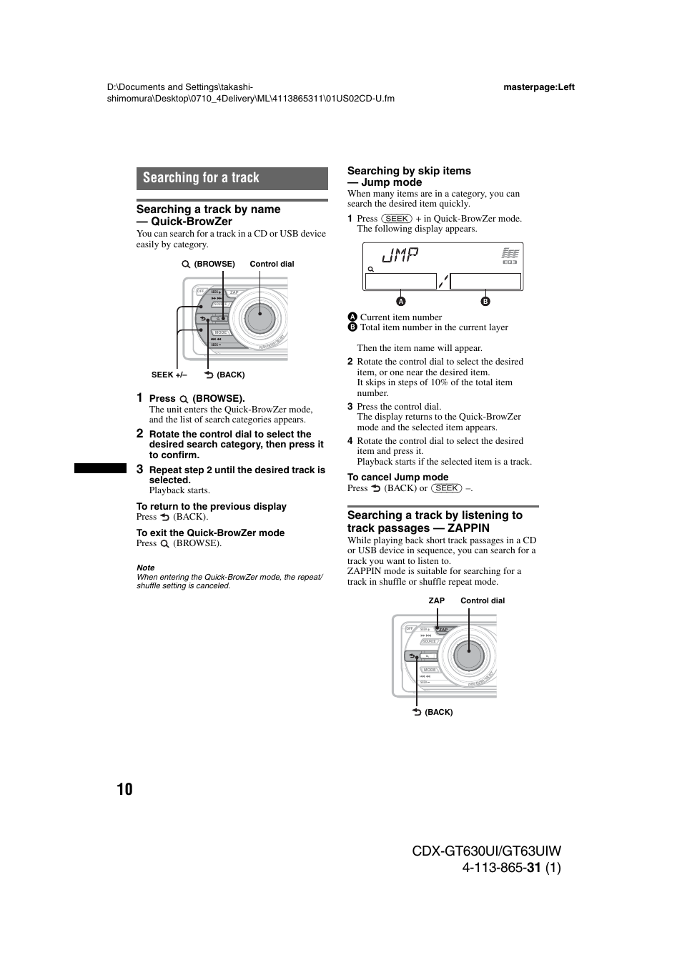 Searching for a track, Searching a track by name - quick-browzer, Searching a track by name — quick-browzer | Searching by skip items — jump mode | Sony CDX-GT630UI User Manual | Page 10 / 80