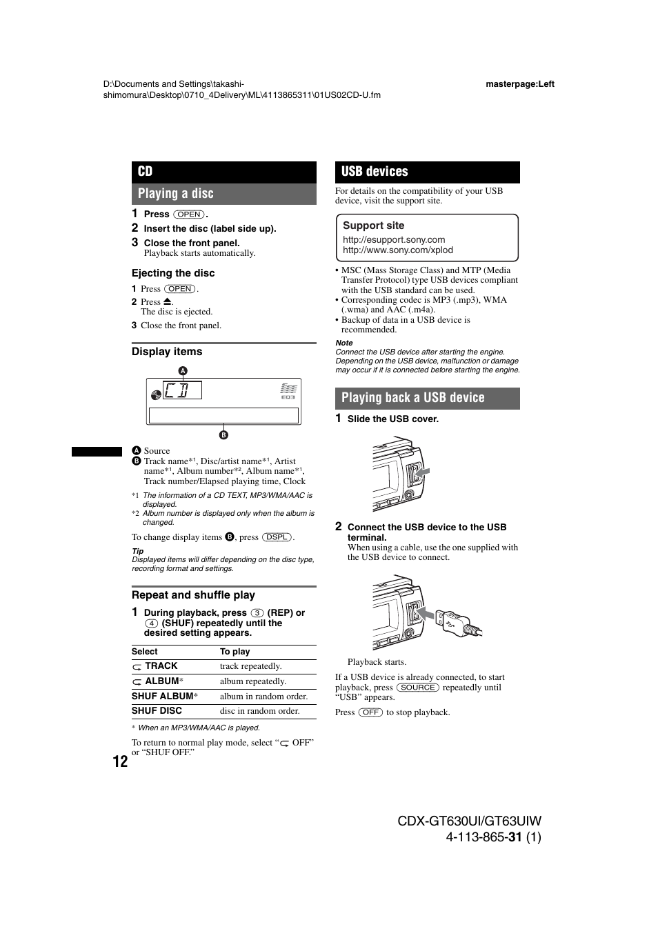 Playing a disc, Display items, Repeat and shuffle play | Usb devices, Playing back a usb device, Display items repeat and shuffle play | Sony CDX-GT630UI User Manual | Page 12 / 80