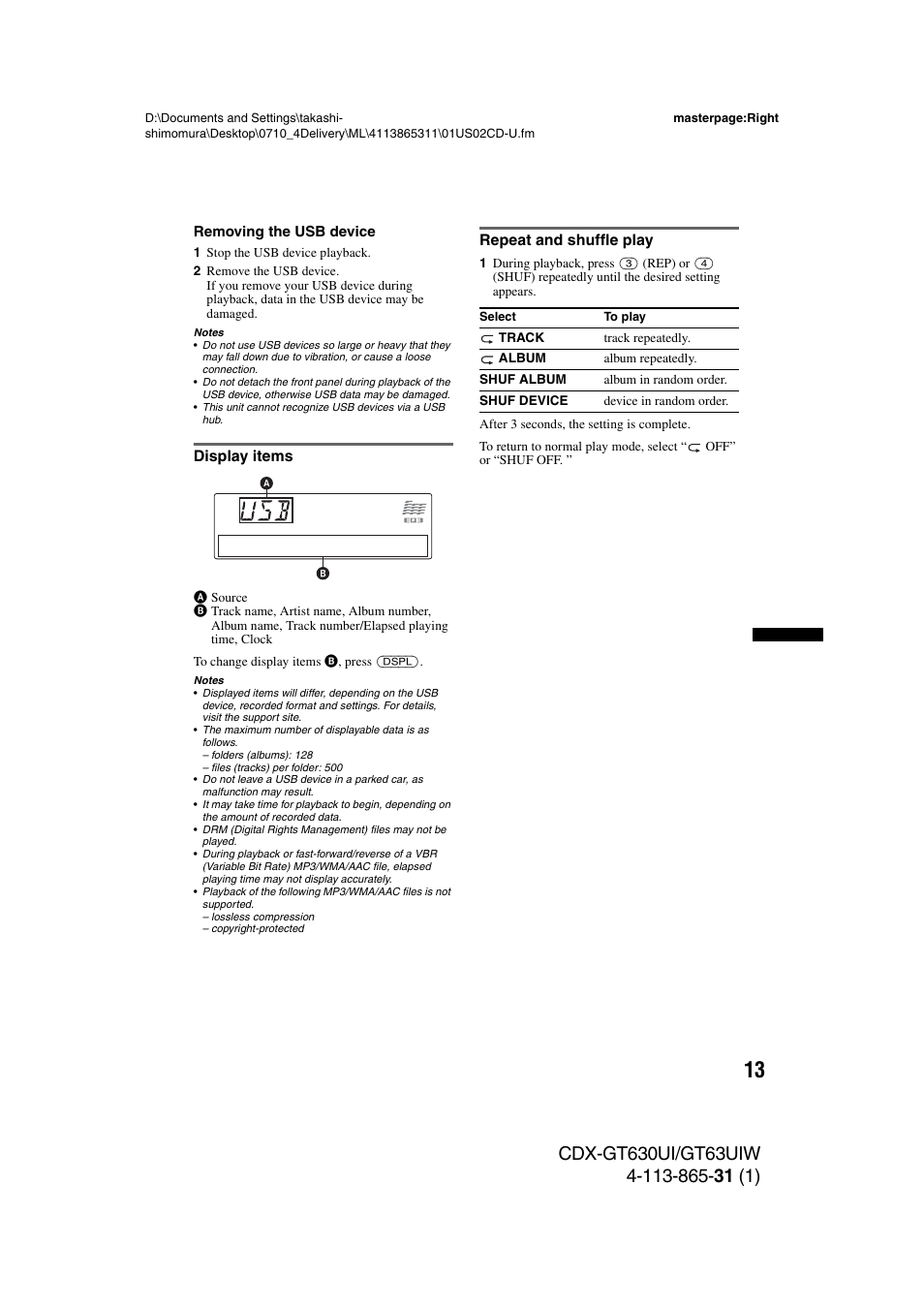 Display items, Repeat and shuffle play, Display items repeat and shuffle play | Sony CDX-GT630UI User Manual | Page 13 / 80