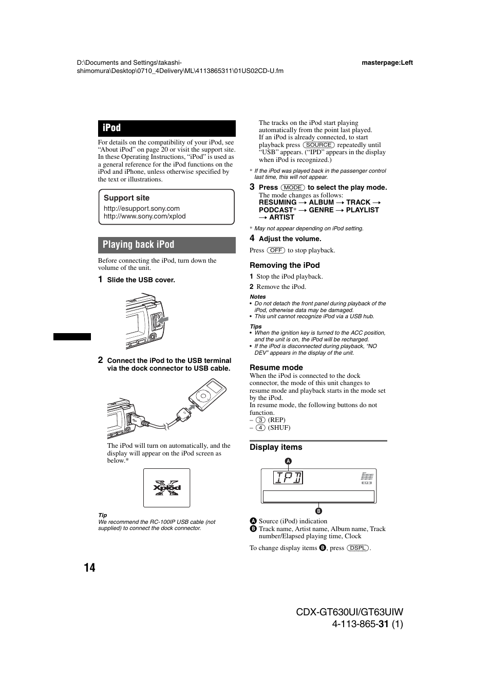 Ipod, Playing back ipod, Display items | Sony CDX-GT630UI User Manual | Page 14 / 80