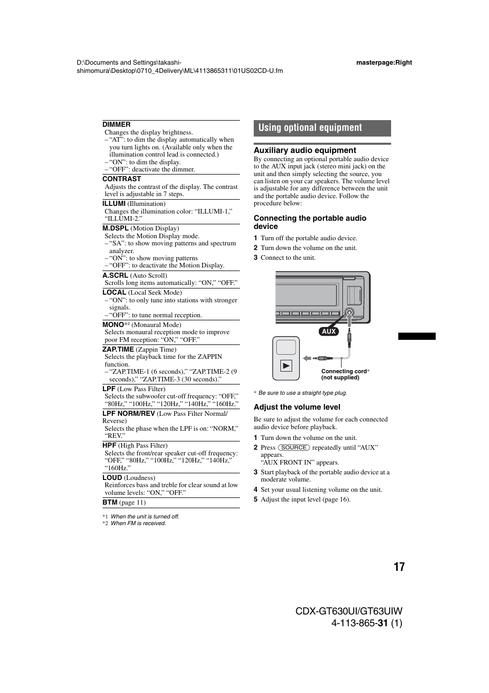 Using optional equipment, Auxiliary audio equipment | Sony CDX-GT630UI User Manual | Page 17 / 80