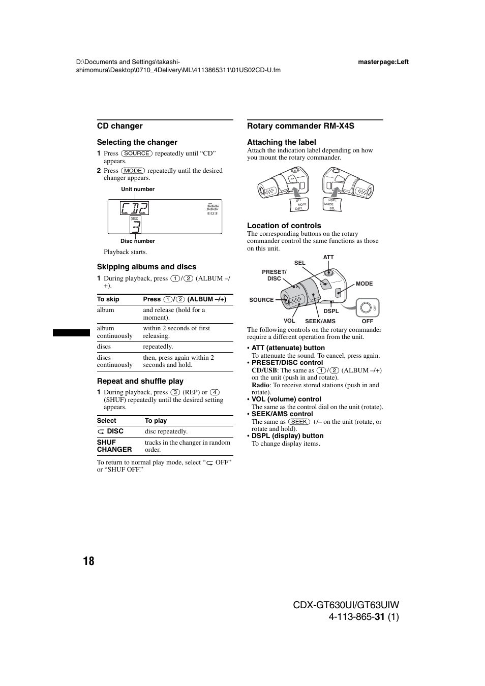 Cd changer, Rotary commander rm-x4s, Cd changer rotary commander rm-x4s | Sony CDX-GT630UI User Manual | Page 18 / 80