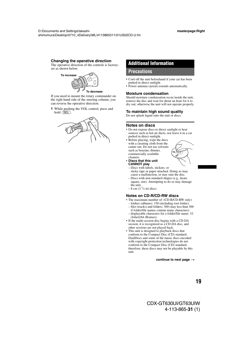 Additional information, Precautions, Notes on discs | Additional information precautions | Sony CDX-GT630UI User Manual | Page 19 / 80