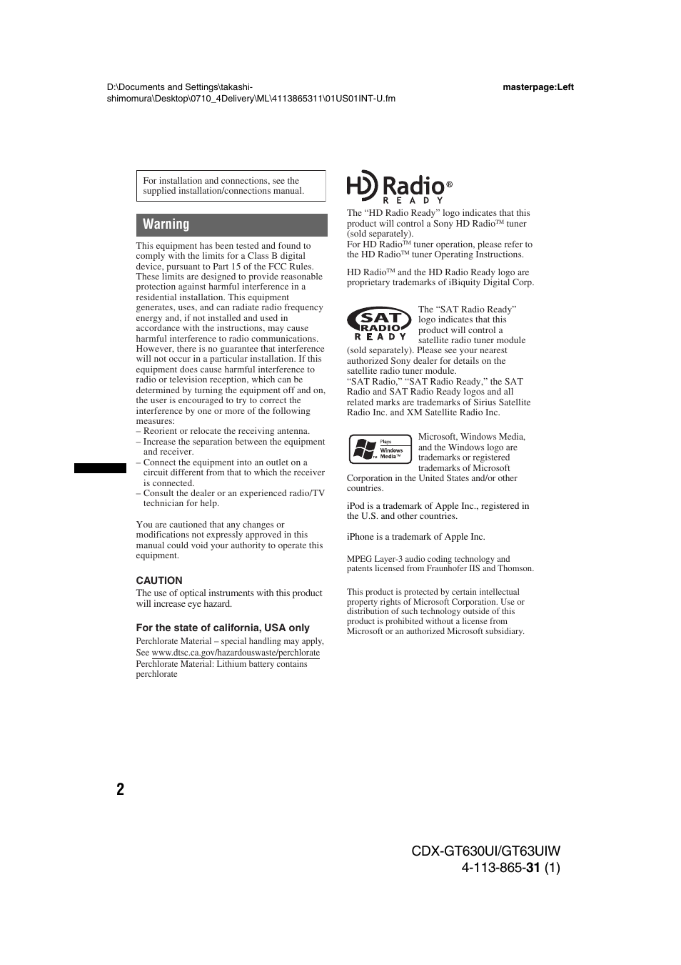 Sony CDX-GT630UI User Manual | Page 2 / 80