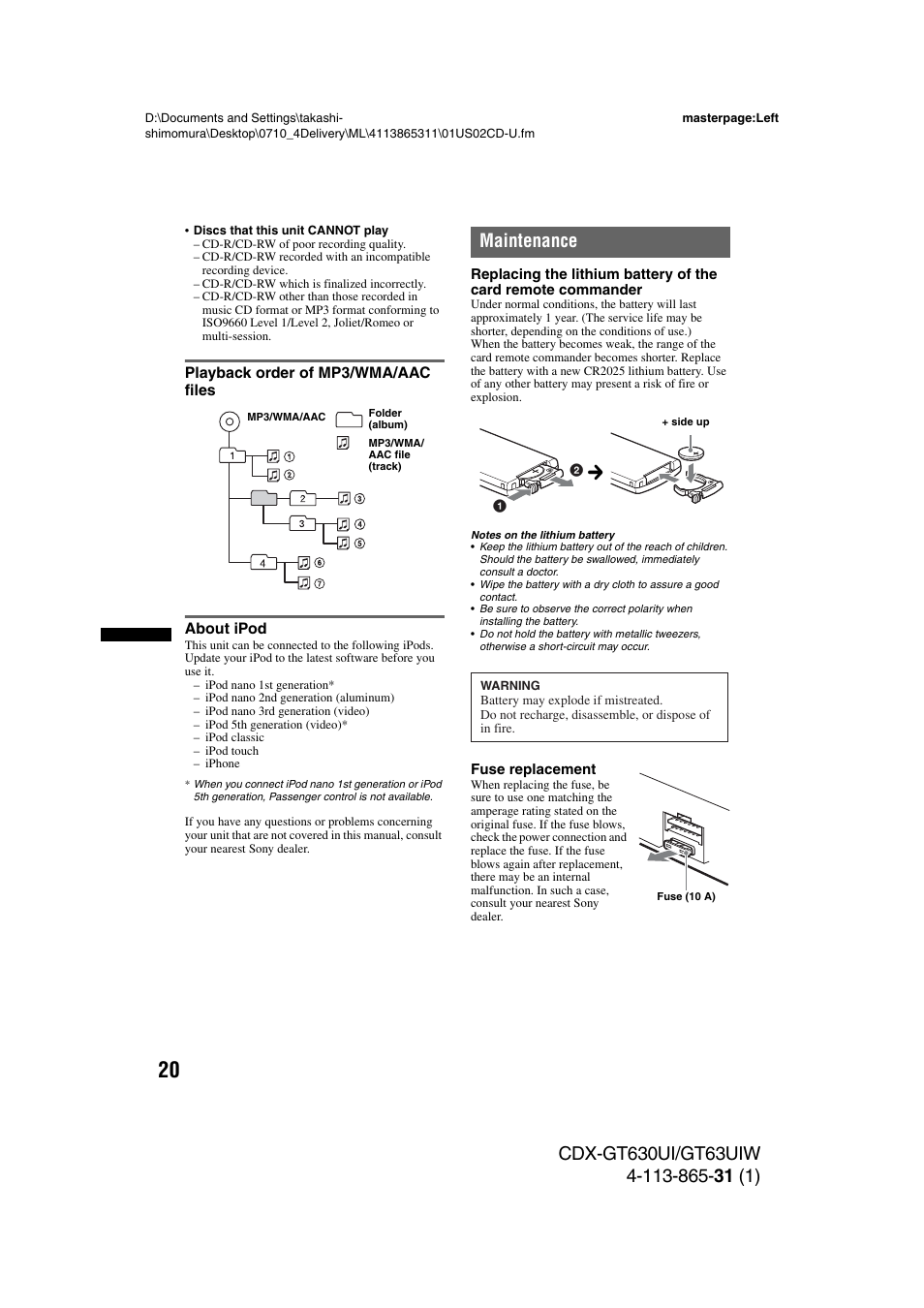 Playback order of mp3/wma/aac files, About ipod, Maintenance | Playback order of mp3/wma/aac files about ipod | Sony CDX-GT630UI User Manual | Page 20 / 80