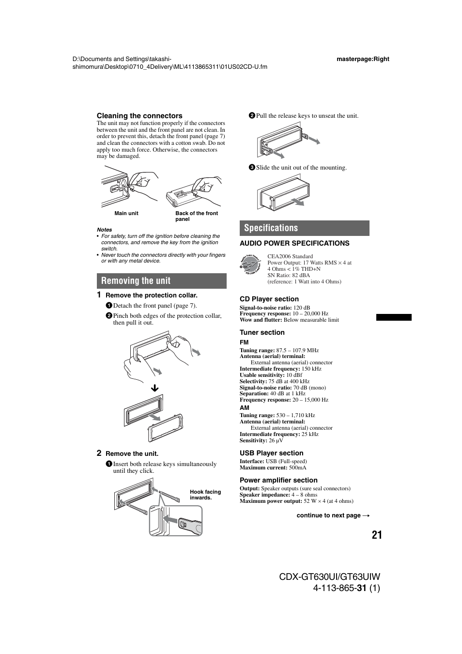 Removing the unit, Specifications, Removing the unit specifications | Sony CDX-GT630UI User Manual | Page 21 / 80