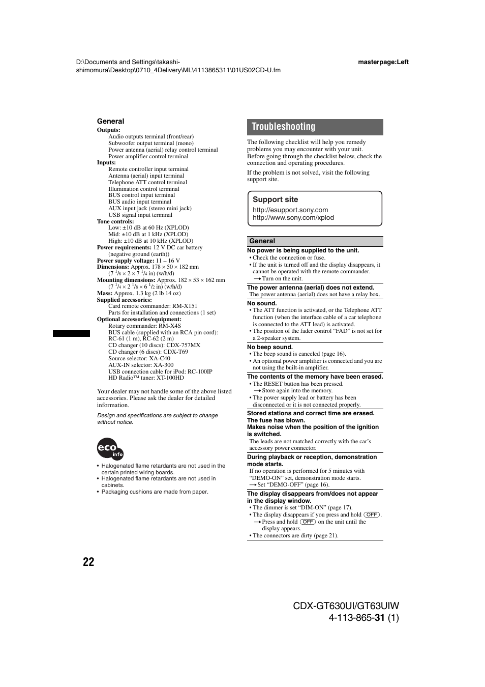 Troubleshooting | Sony CDX-GT630UI User Manual | Page 22 / 80