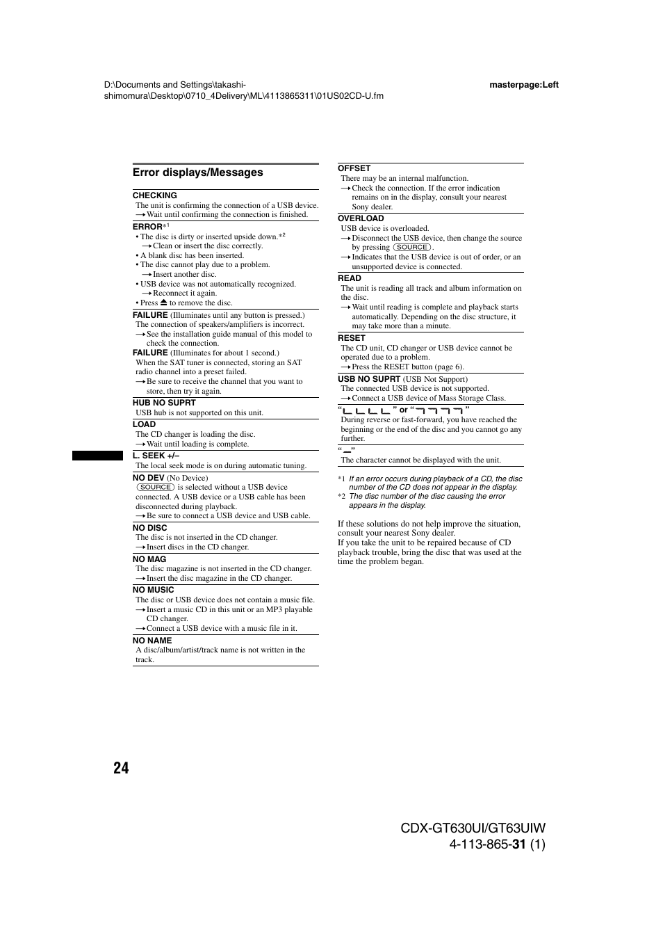 Error displays/messages | Sony CDX-GT630UI User Manual | Page 24 / 80