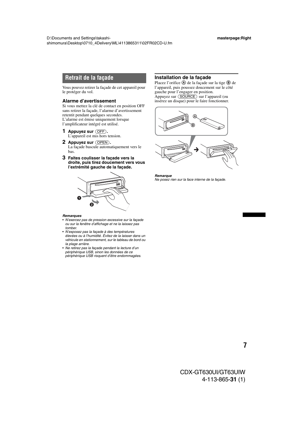 Retrait de la façade, Installation de la façade | Sony CDX-GT630UI User Manual | Page 31 / 80