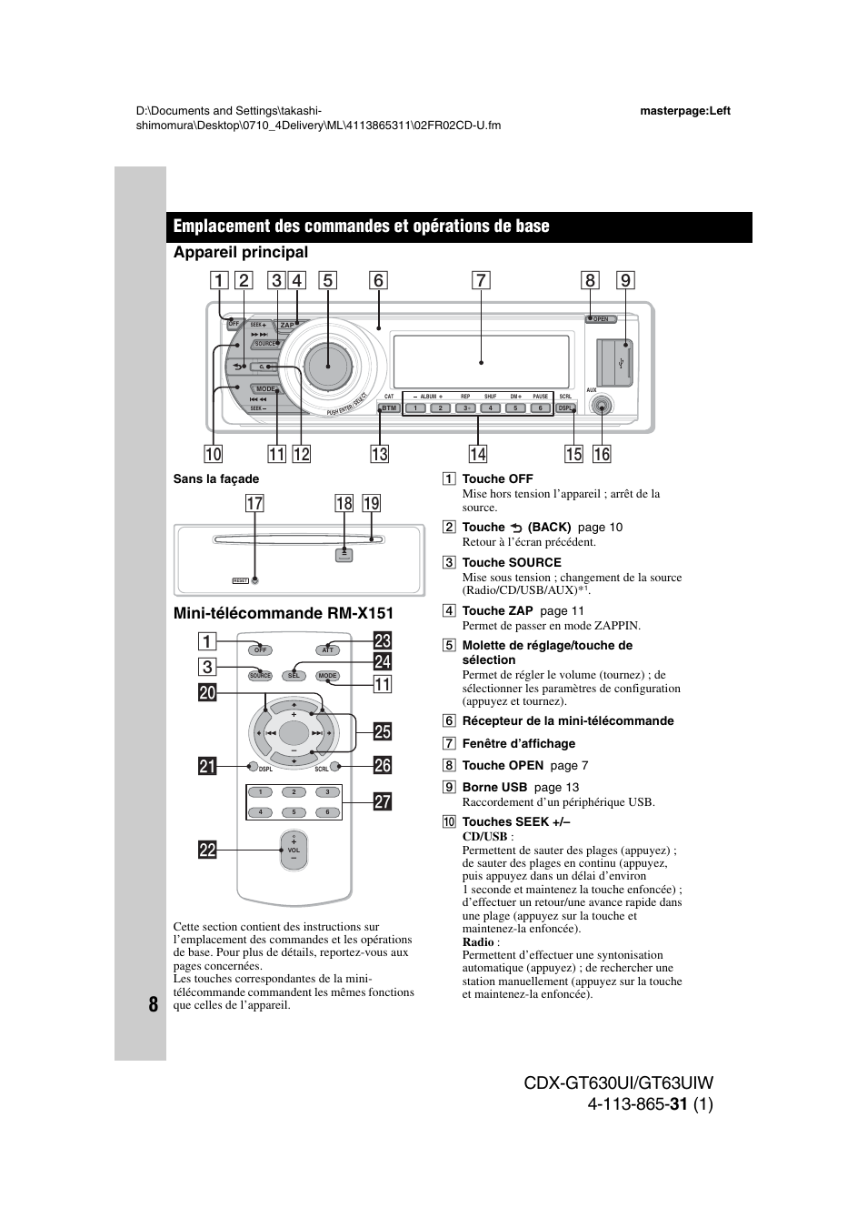 Emplacement des commandes et opérations de base, Appareil principal, Mini-télécommande rm-x151 | Appareil principal mini-télécommande rm-x151, Qk ql qj, 3wf qa 1 wh w; wa wd ws wj wg | Sony CDX-GT630UI User Manual | Page 32 / 80