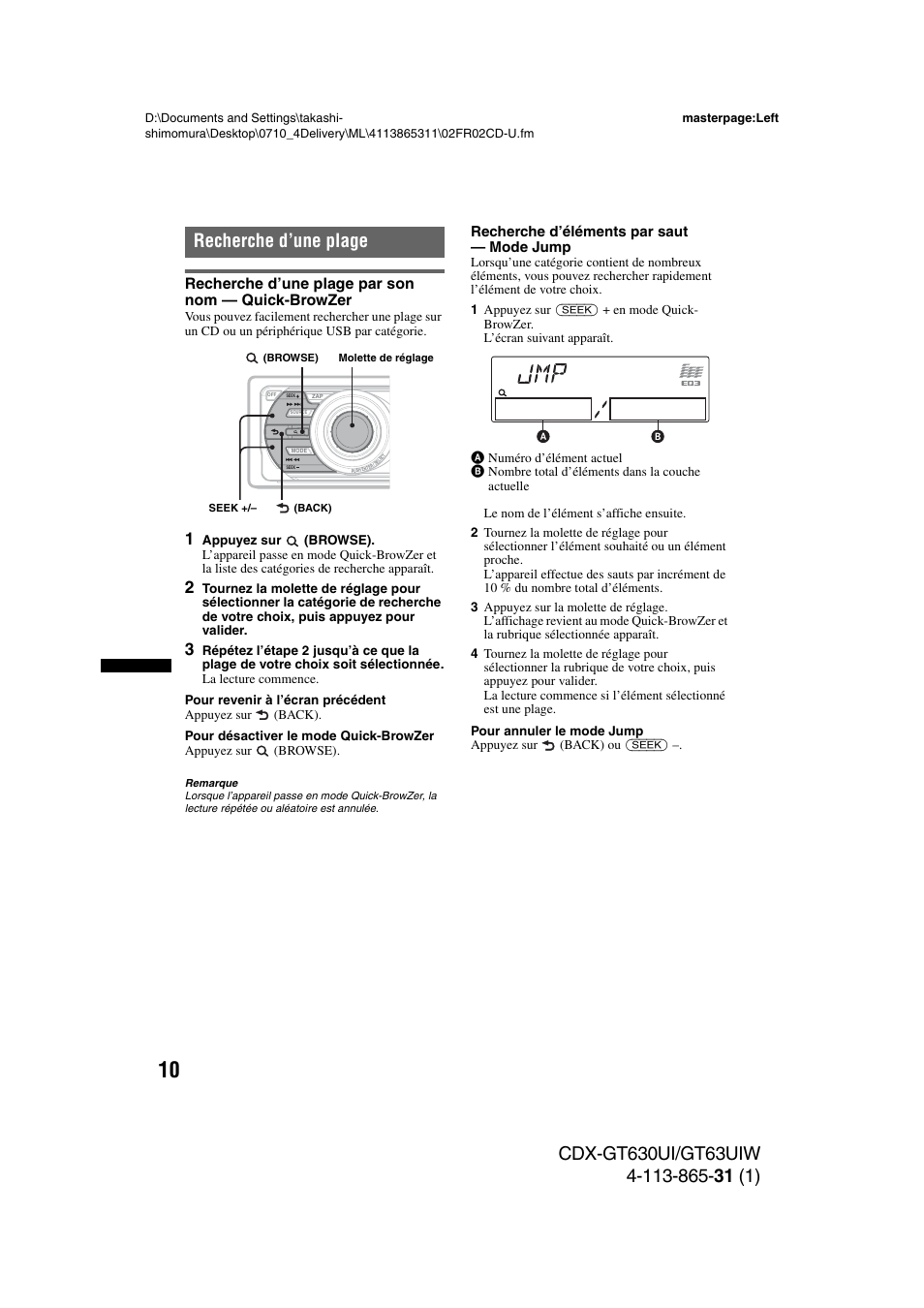 Recherche d’une plage, Recherche d’une plage par son nom - quick-browzer, Recherche d’une plage par son nom — quick-browzer | Sony CDX-GT630UI User Manual | Page 34 / 80