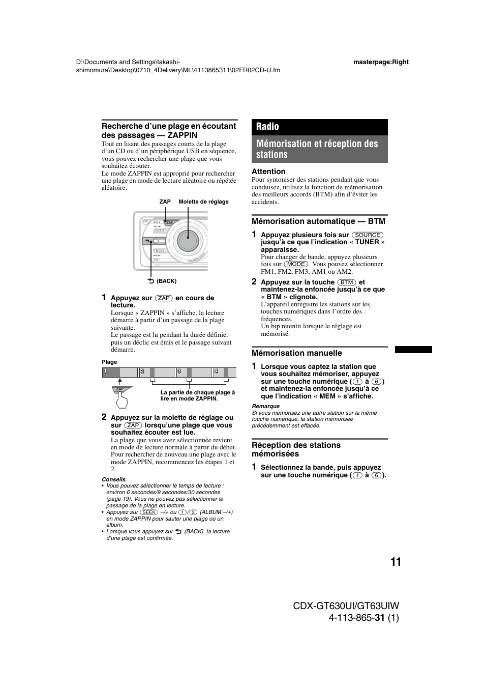 Radio, Mémorisation et réception des stations, Mémorisation automatique - btm | Mémorisation manuelle, Réception des stations mémorisées, Radio mémorisation et réception des stations | Sony CDX-GT630UI User Manual | Page 35 / 80