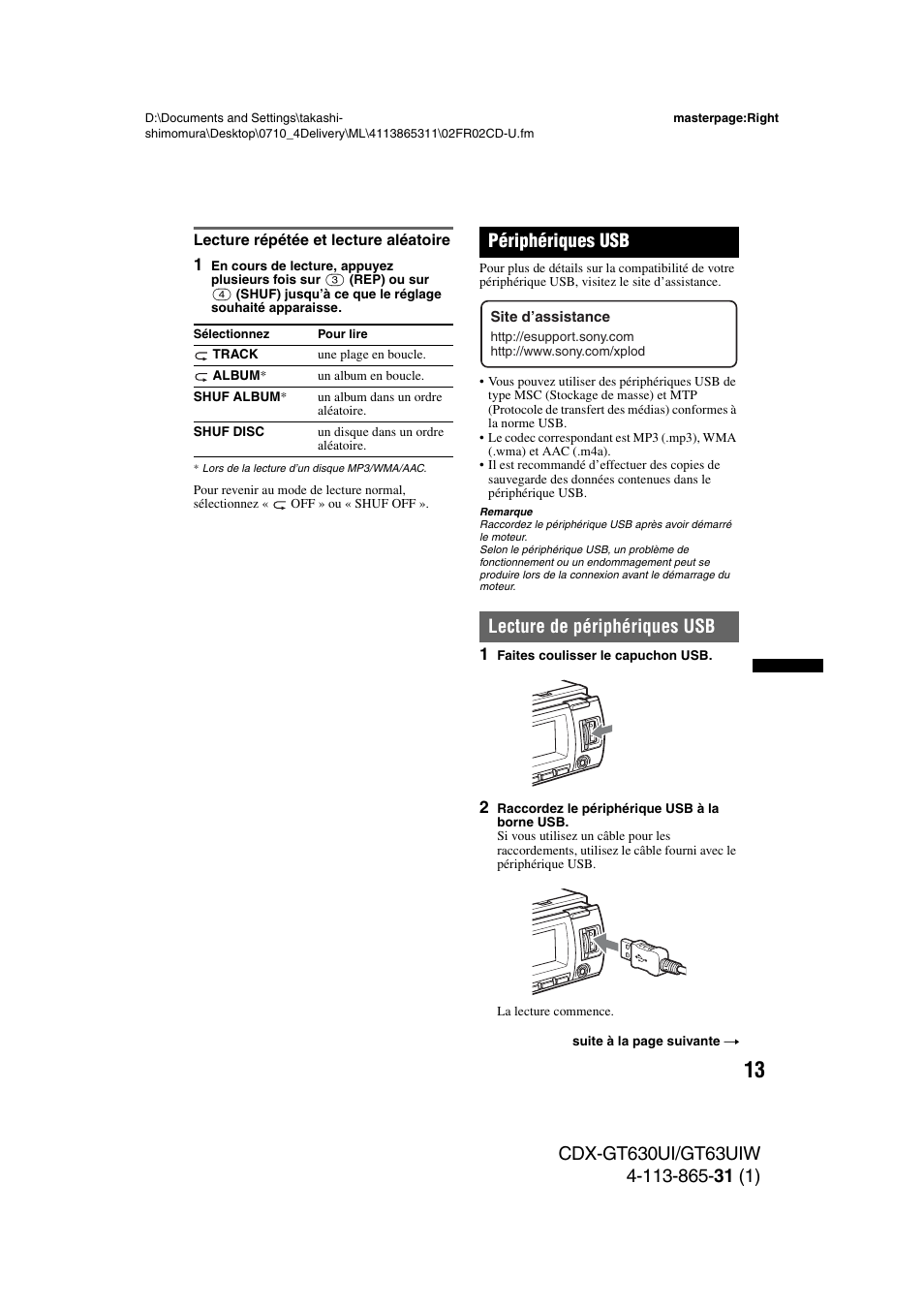 Lecture répétée et lecture aléatoire, Périphériques usb, Lecture de périphériques usb | Sony CDX-GT630UI User Manual | Page 37 / 80