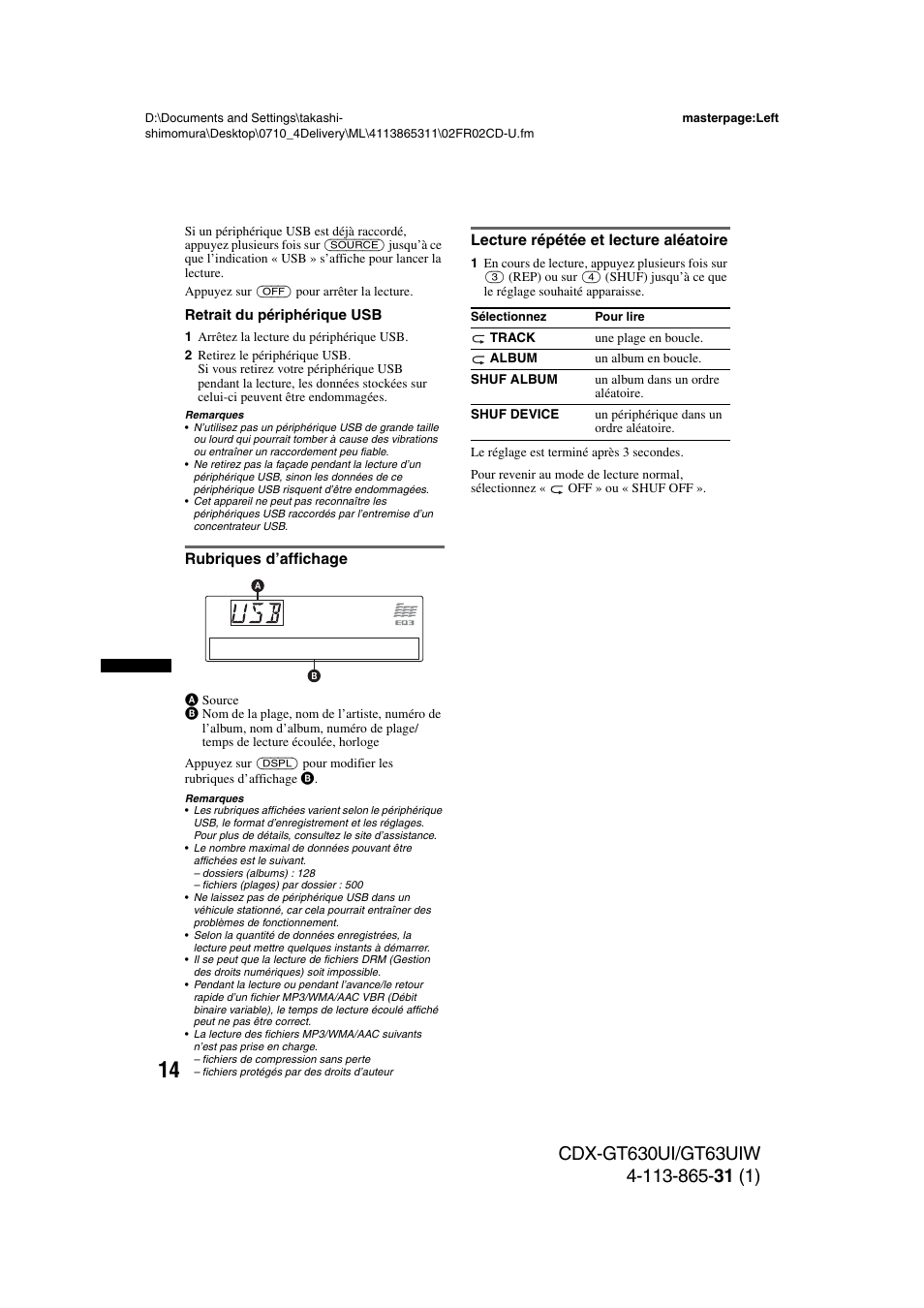 Rubriques d’affichage, Lecture répétée et lecture aléatoire | Sony CDX-GT630UI User Manual | Page 38 / 80