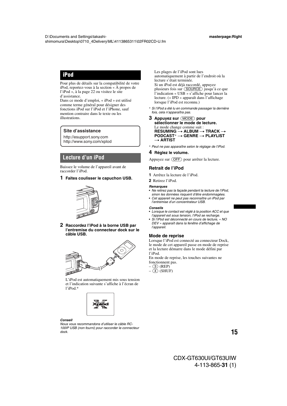 Ipod, Lecture d’un ipod | Sony CDX-GT630UI User Manual | Page 39 / 80