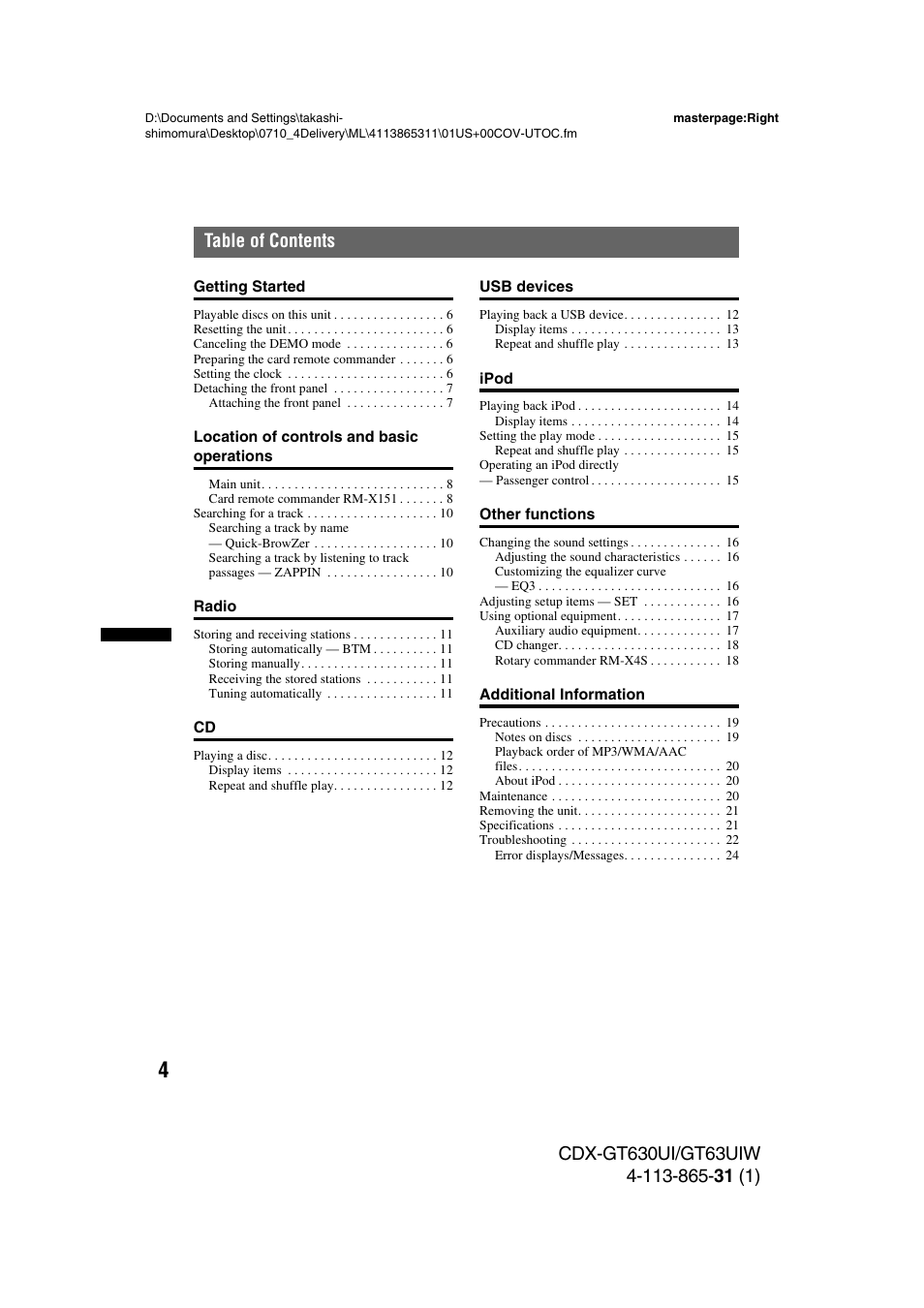 Sony CDX-GT630UI User Manual | Page 4 / 80