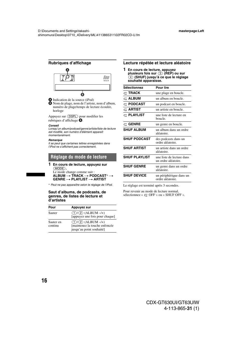 Rubriques d’affichage, Réglage du mode de lecture, Lecture répétée et lecture aléatoire | Sony CDX-GT630UI User Manual | Page 40 / 80