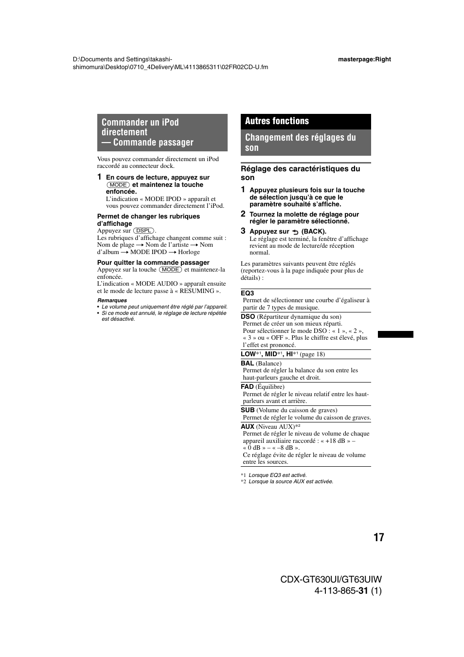 Commander un ipod directement - commande passager, Autres fonctions, Changement des réglages du son | Réglage des caractéristiques du son, Commander un ipod directement — commande passager, Autres fonctions changement des réglages du son | Sony CDX-GT630UI User Manual | Page 41 / 80