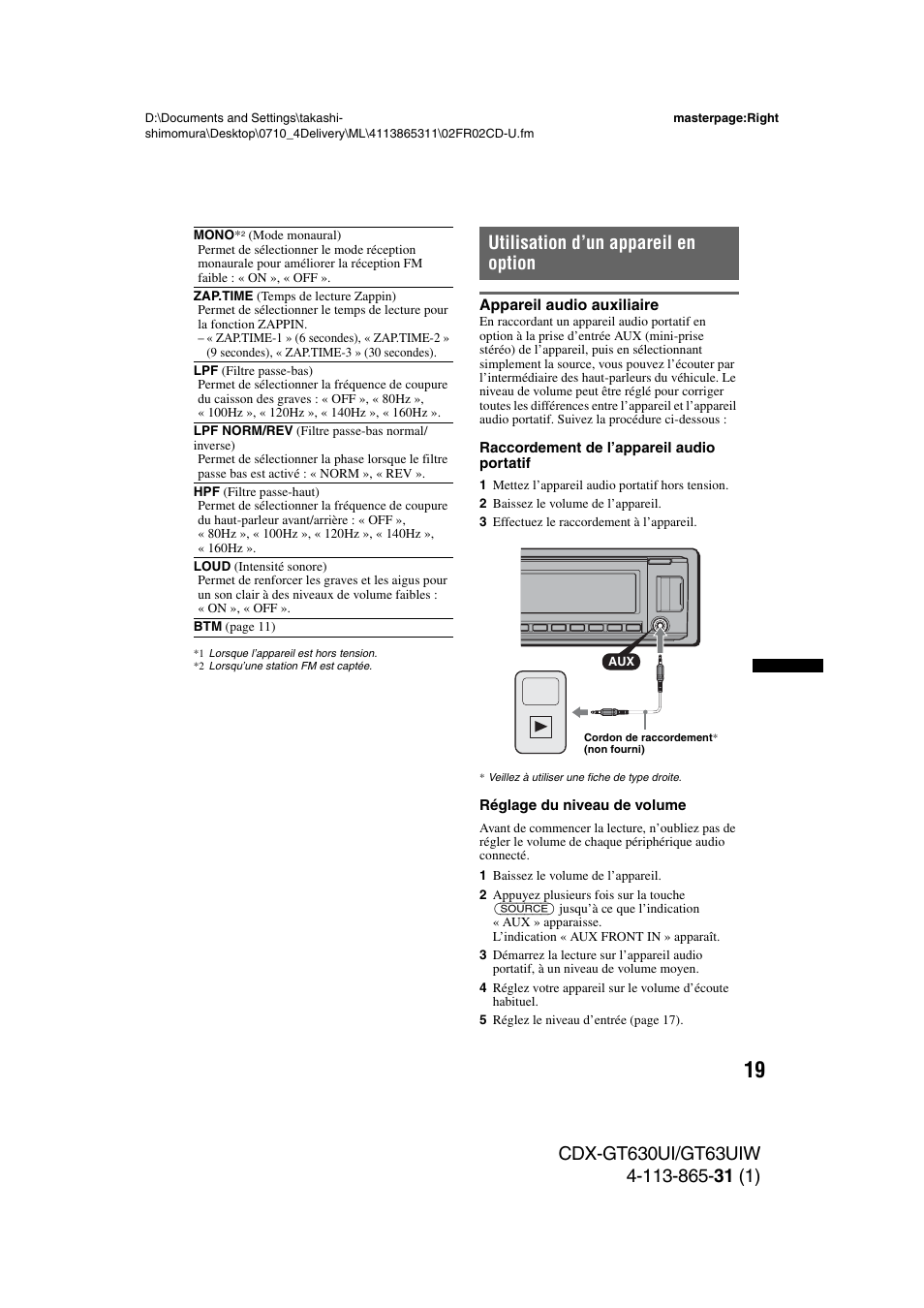 Utilisation d’un appareil en option, Appareil audio auxiliaire | Sony CDX-GT630UI User Manual | Page 43 / 80