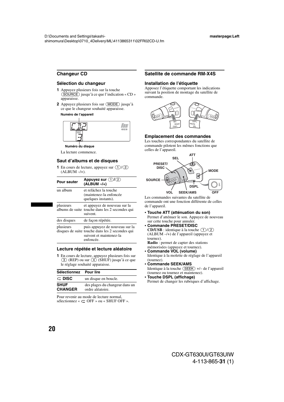 Changeur cd, Satellite de commande rm-x4s, Changeur cd satellite de commande rm-x4s | Sony CDX-GT630UI User Manual | Page 44 / 80