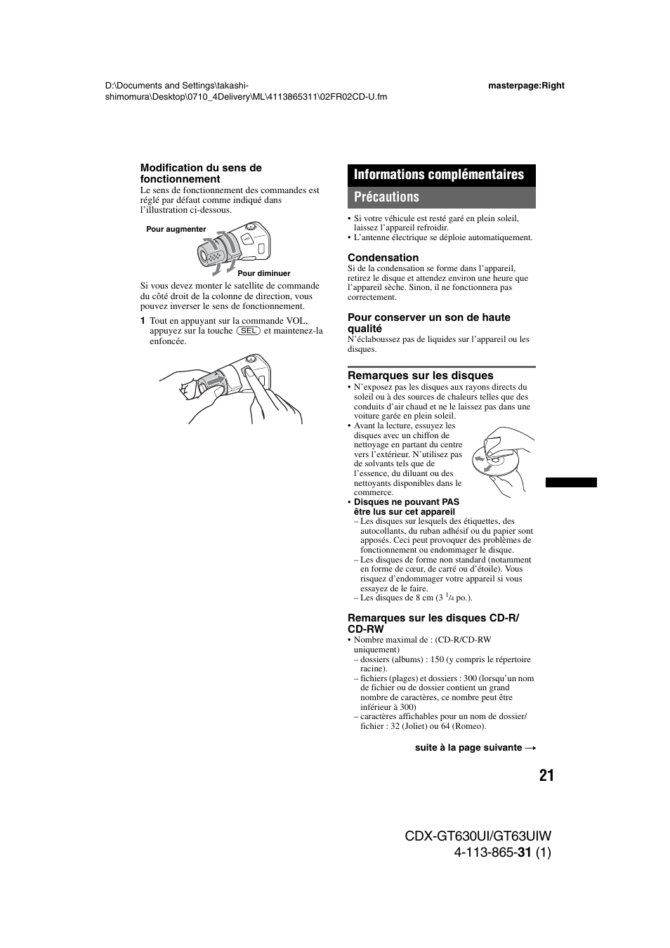 Informations complémentaires, Précautions, Remarques sur les disques | Informations complémentaires précautions | Sony CDX-GT630UI User Manual | Page 45 / 80