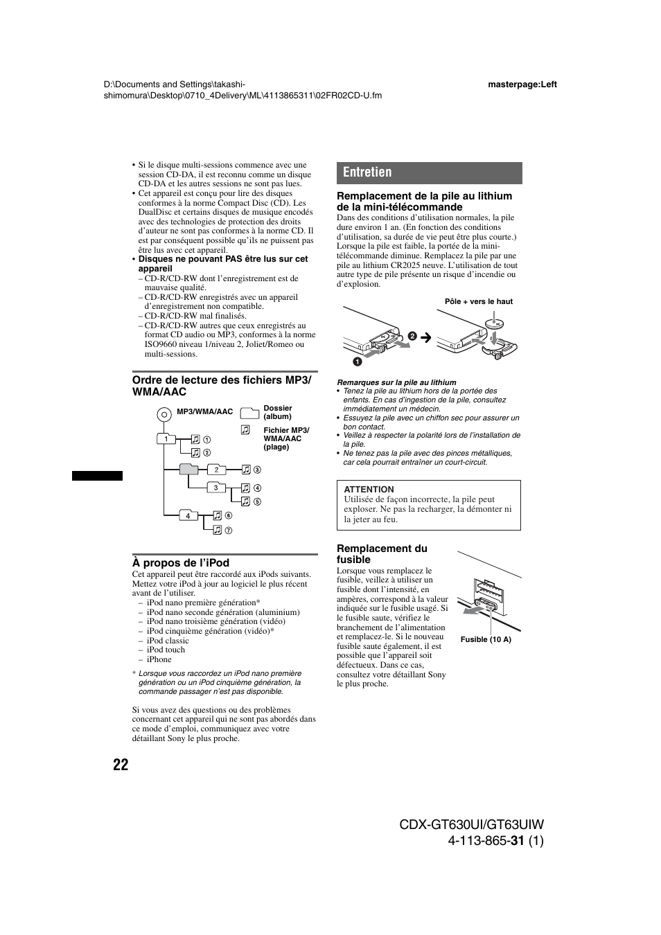 Ordre de lecture des fichiers mp3/ wma/aac, À propos de l’ipod, Entretien | Sony CDX-GT630UI User Manual | Page 46 / 80