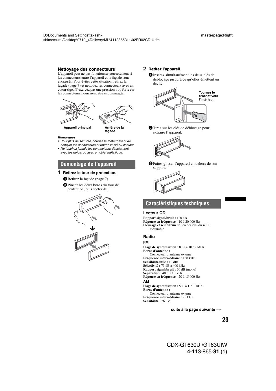 Démontage de l’appareil, Caractéristiques techniques | Sony CDX-GT630UI User Manual | Page 47 / 80