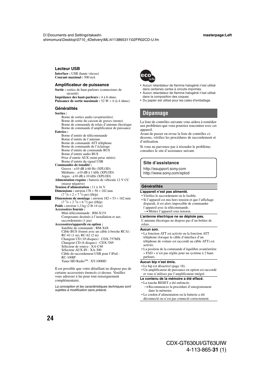 Dépannage | Sony CDX-GT630UI User Manual | Page 48 / 80