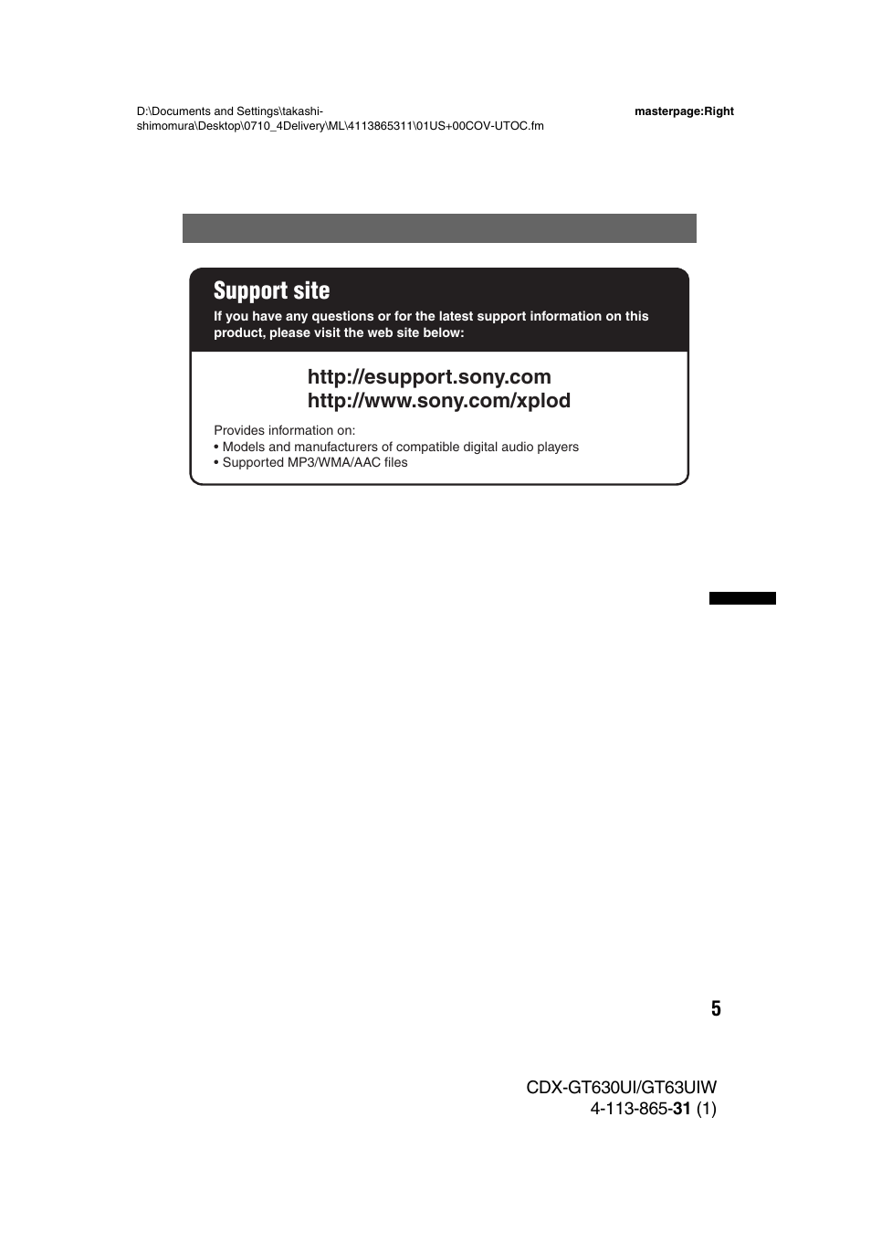 Support site | Sony CDX-GT630UI User Manual | Page 5 / 80