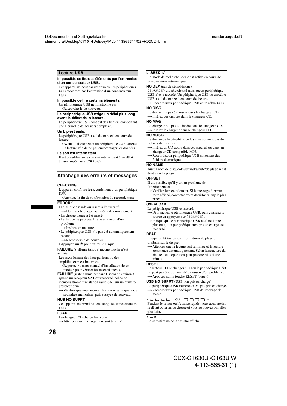 Affichage des erreurs et messages | Sony CDX-GT630UI User Manual | Page 50 / 80