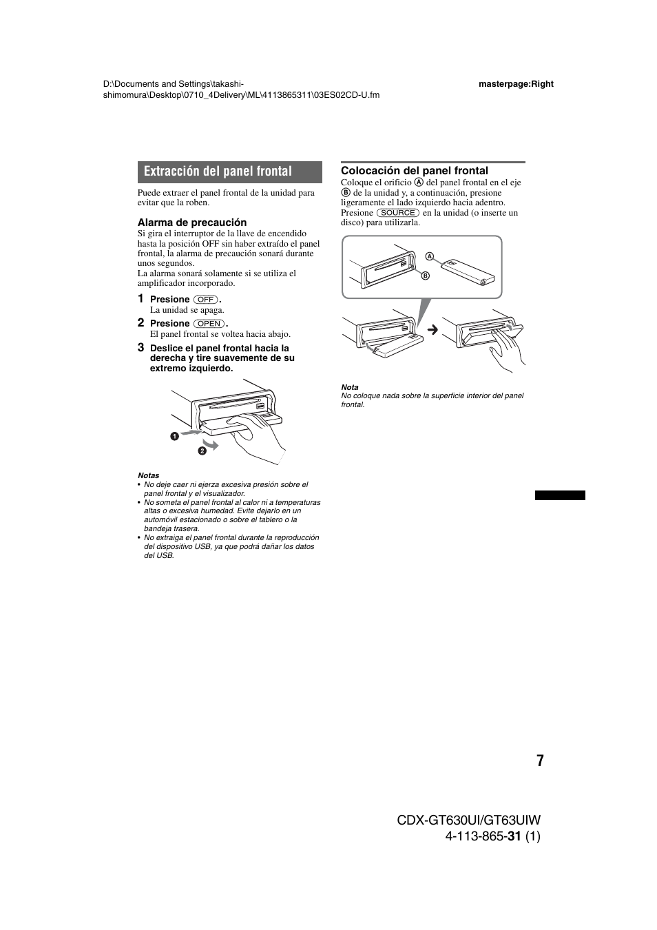 Extracción del panel frontal, Colocación del panel frontal | Sony CDX-GT630UI User Manual | Page 57 / 80