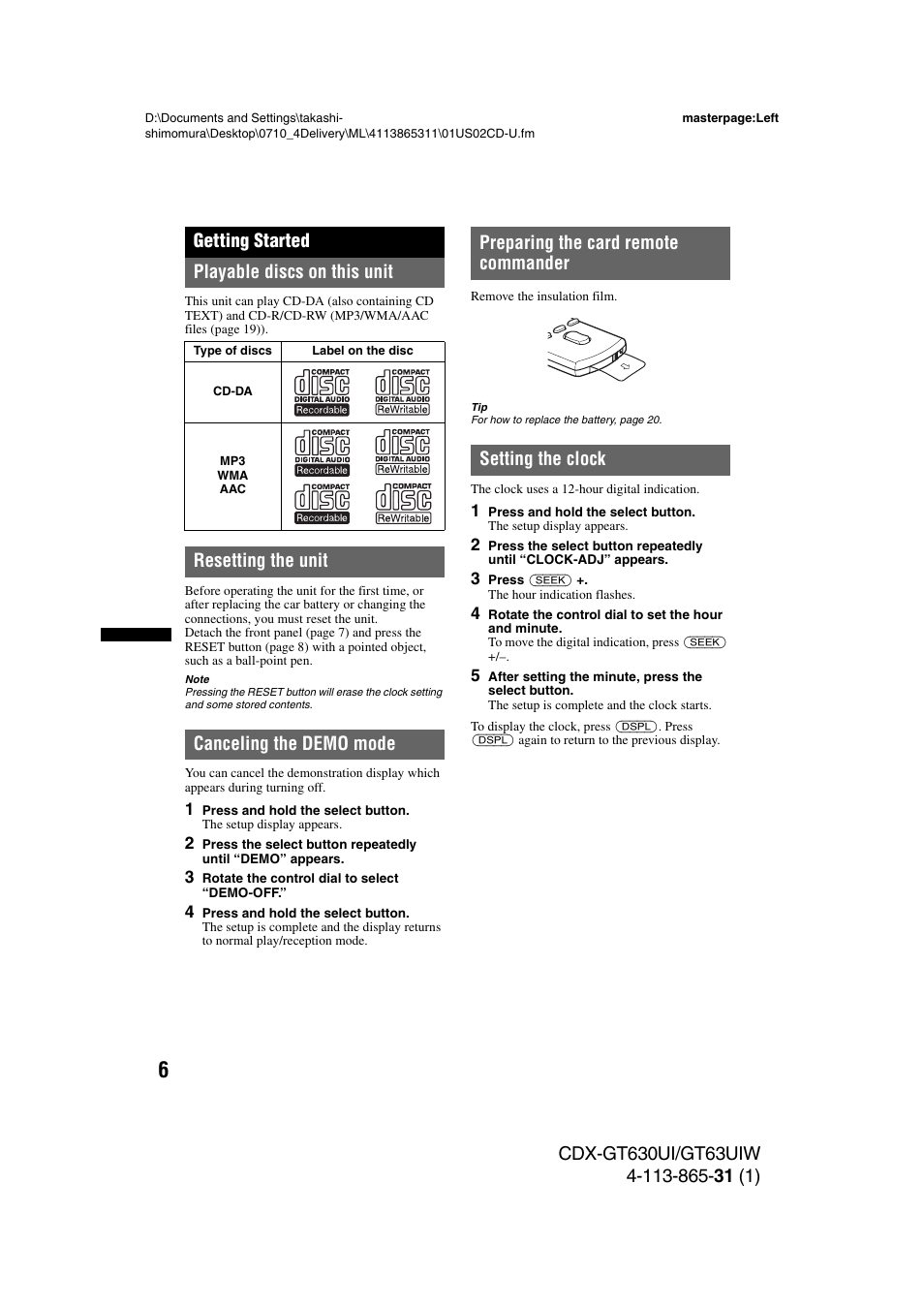 Getting started, Playable discs on this unit, Resetting the unit | Canceling the demo mode, Preparing the card remote commander, Setting the clock | Sony CDX-GT630UI User Manual | Page 6 / 80