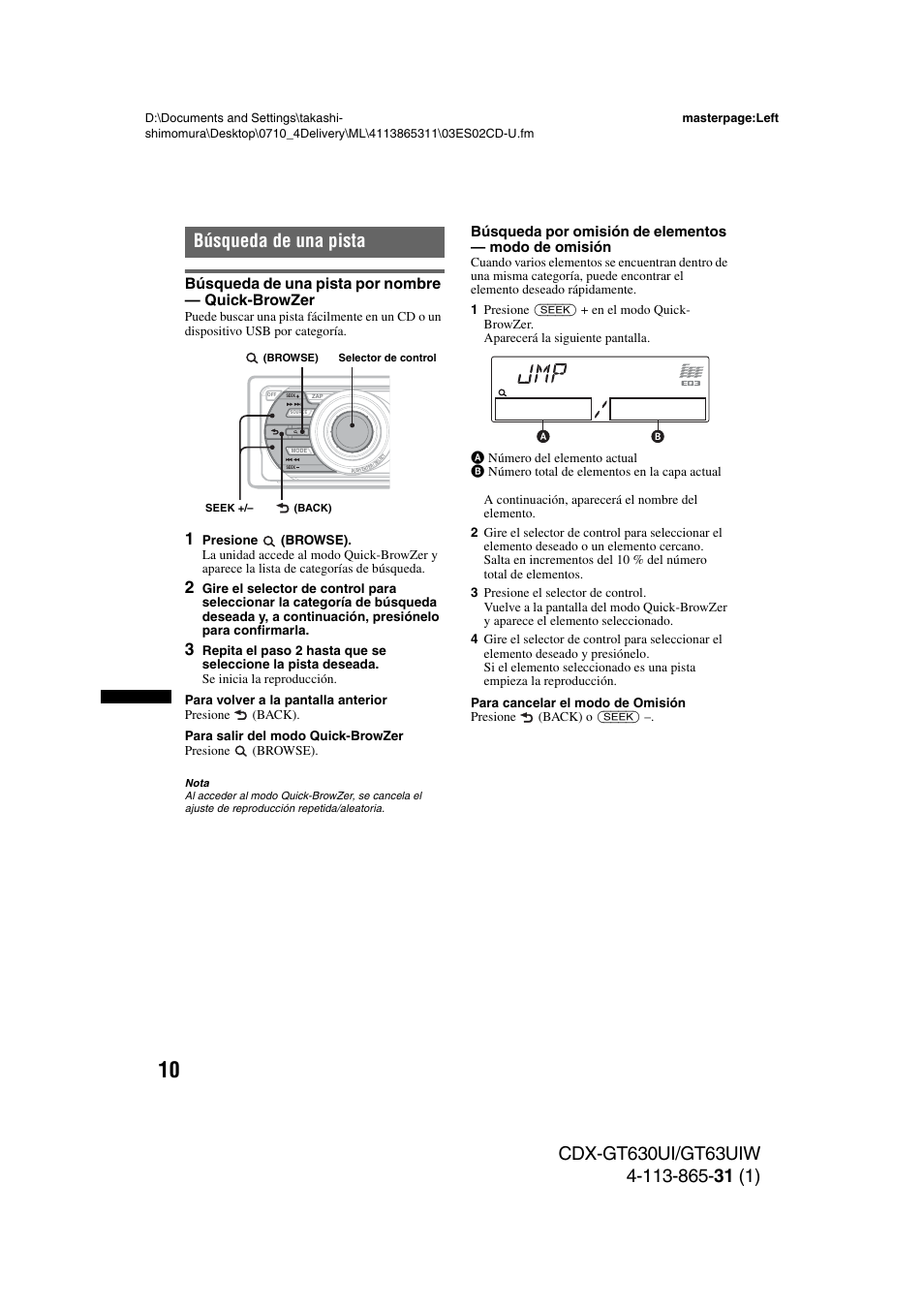 Búsqueda de una pista, Búsqueda de una pista por nombre - quick-browzer, Búsqueda de una pista por nombre — quick-browzer | Sony CDX-GT630UI User Manual | Page 60 / 80